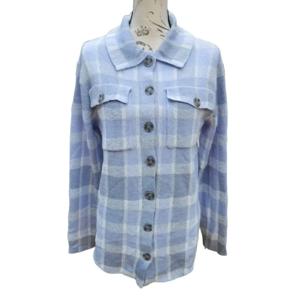 William Rast -974 Long Sleeve Plaid‎ Shacket Shirt Jacket White Light Blue Small